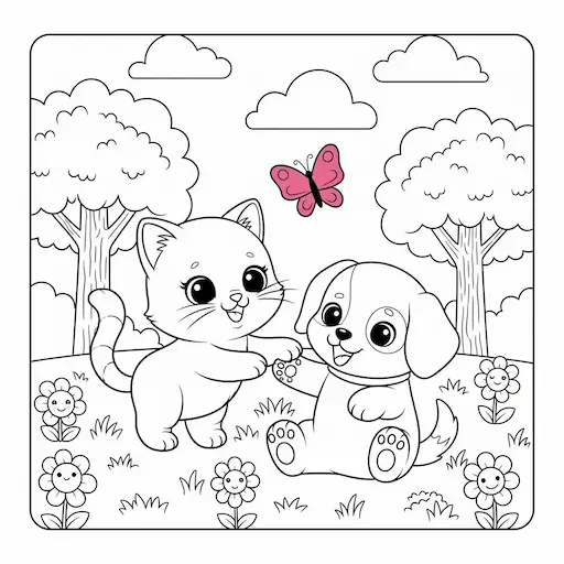 Cute kawaii coloring page with playful animals and characters, great printable for classrooms.