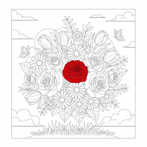 Beautiful flower garden coloring page with various flowers and butterflies, relaxing nature theme.