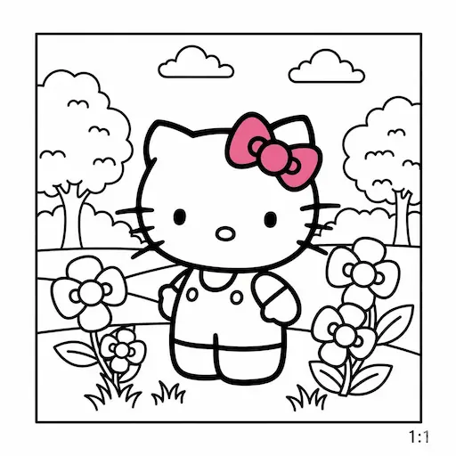 Hello Kitty coloring page with bows, flowers, and a cute outdoor background for kids.
