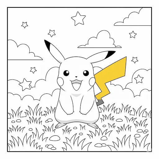 Printable Pokemon character coloring sheet with Pikachu line art, kids activity coloring book page for video game fans.