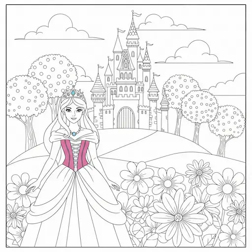 Printable princess coloring sheet with castle and gown line art, kids activity page for creative play.