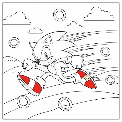 Sonic coloring page printable with Sonic running through rings and a background scene for kids.