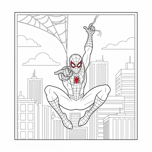 Spiderman coloring book page with superhero swinging on webs in a city background, fun for kids.