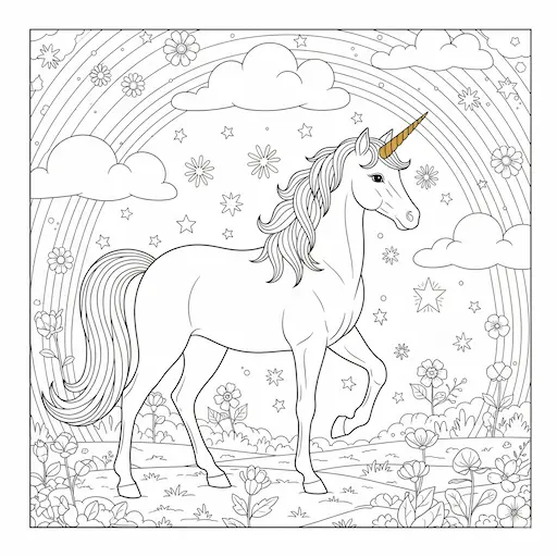 Unicorn coloring page with rainbow mane and stars, magical fantasy scene for kids.